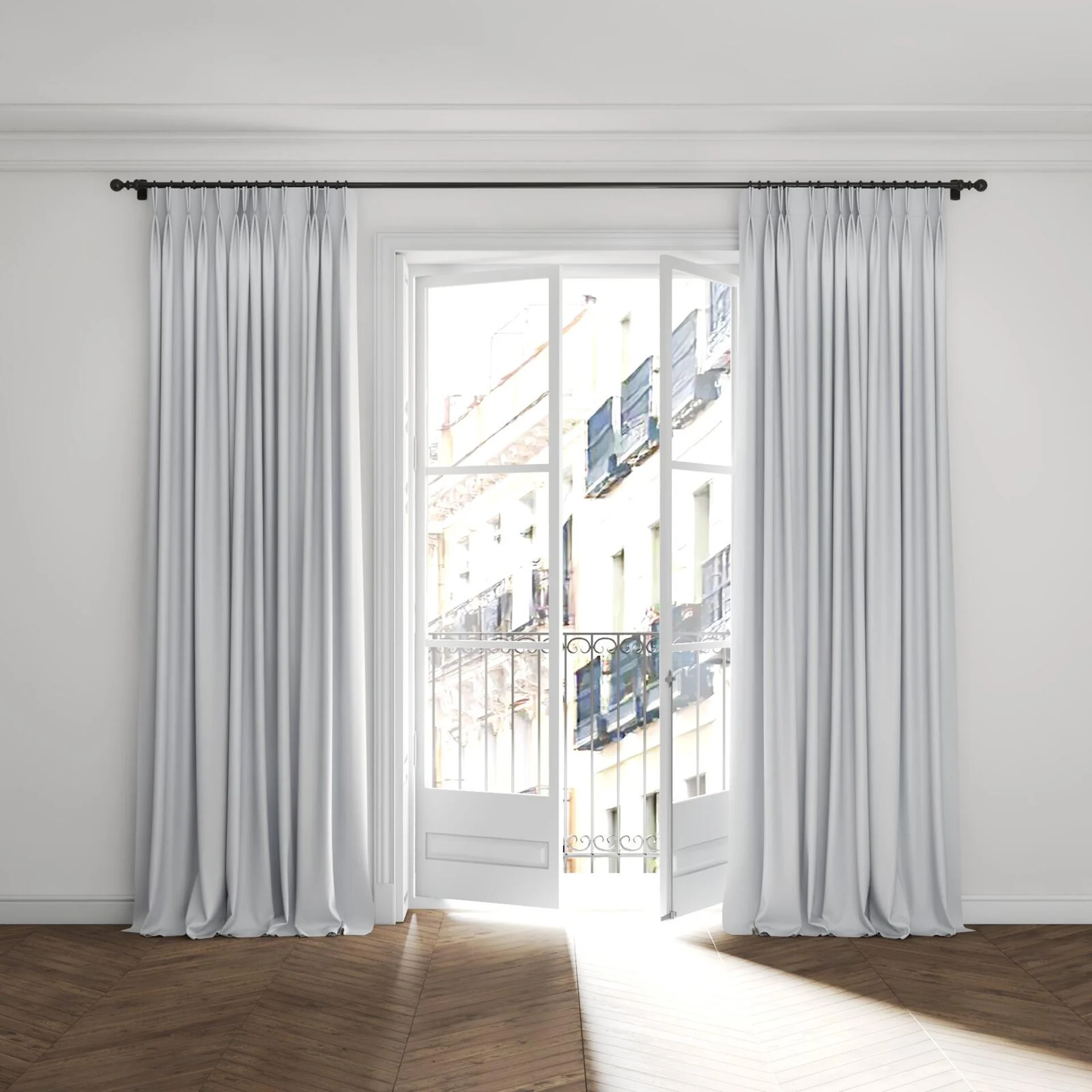 Full view of Kidglove Snow, puddled with pinch pleat, on curtain rod