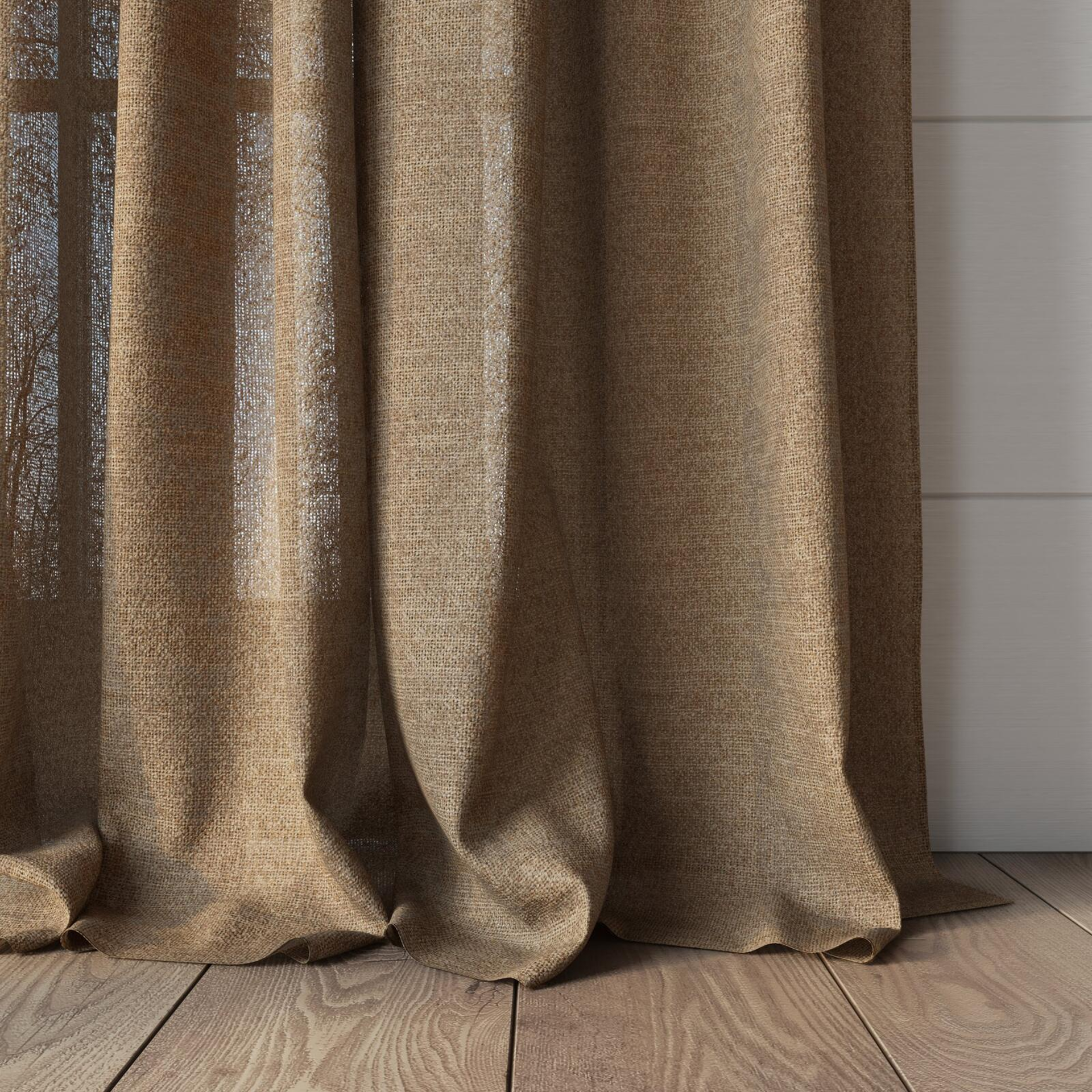 Bottom view of Revel Caramel, puddled, on curtain rod
