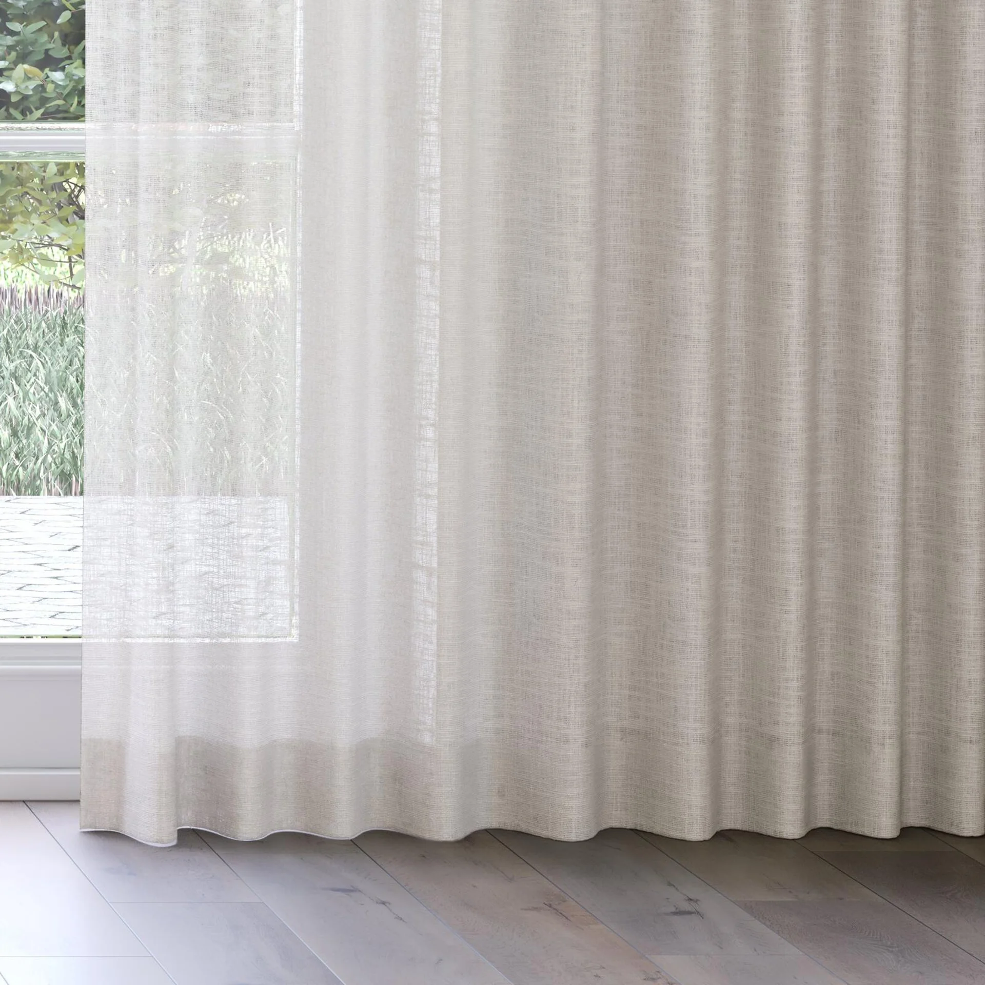 Bottom view of Adobe Linen, on curtain rail