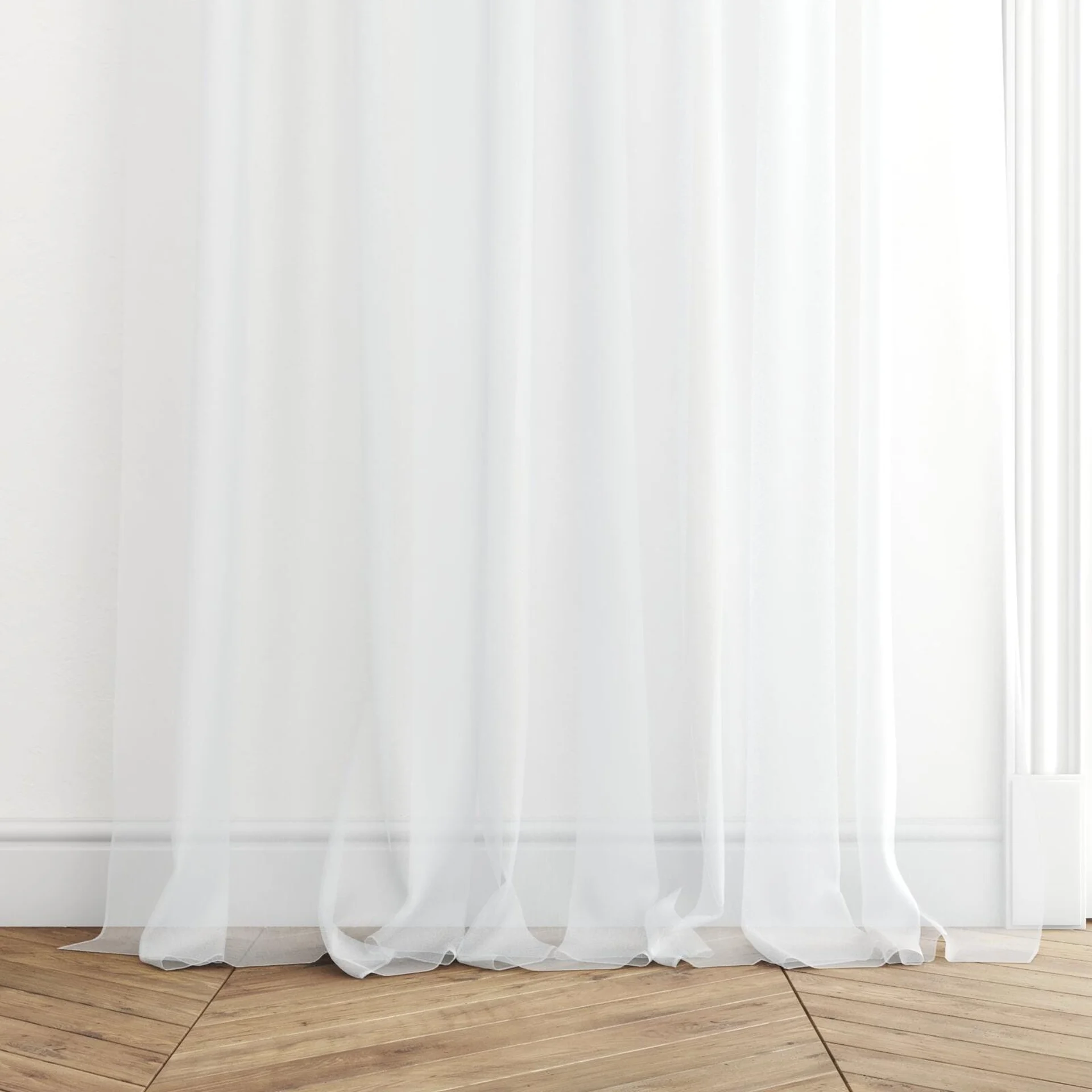 Bottom view of Mode FR Paper, puddled with pinch pleat, on curtain rod