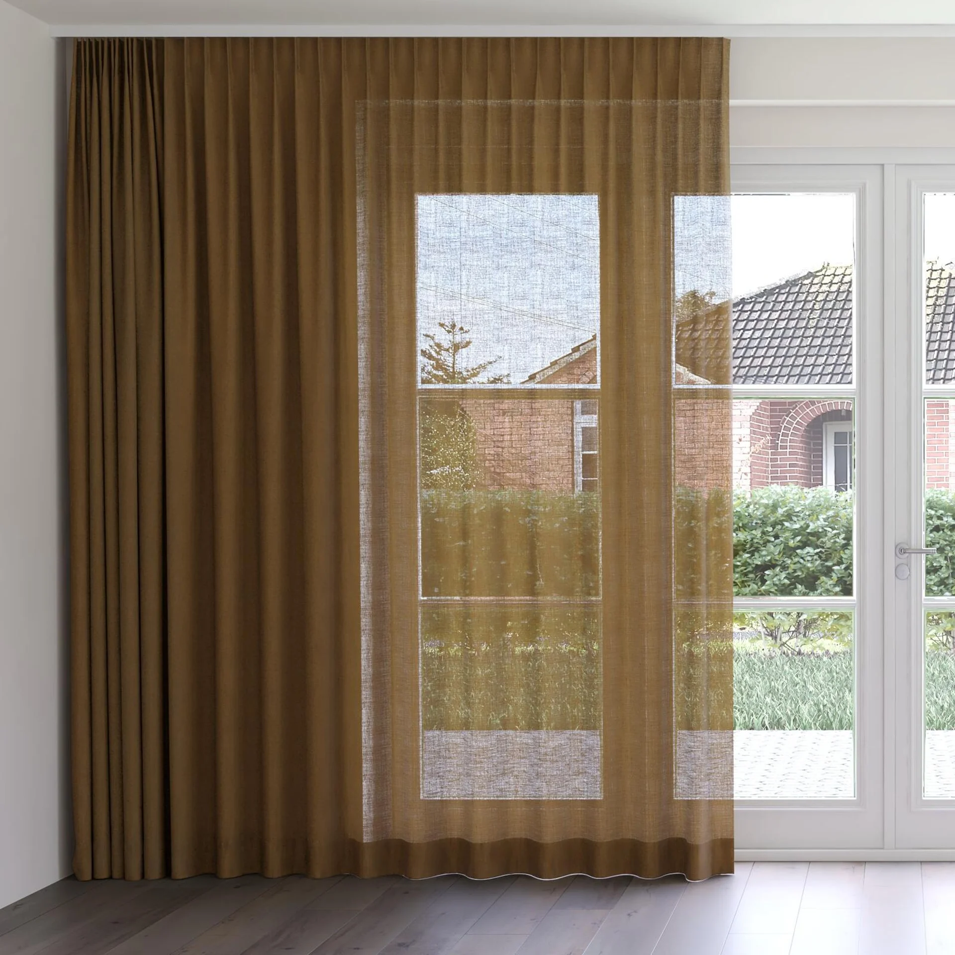 Front view of Element Ochre, on curtain rail