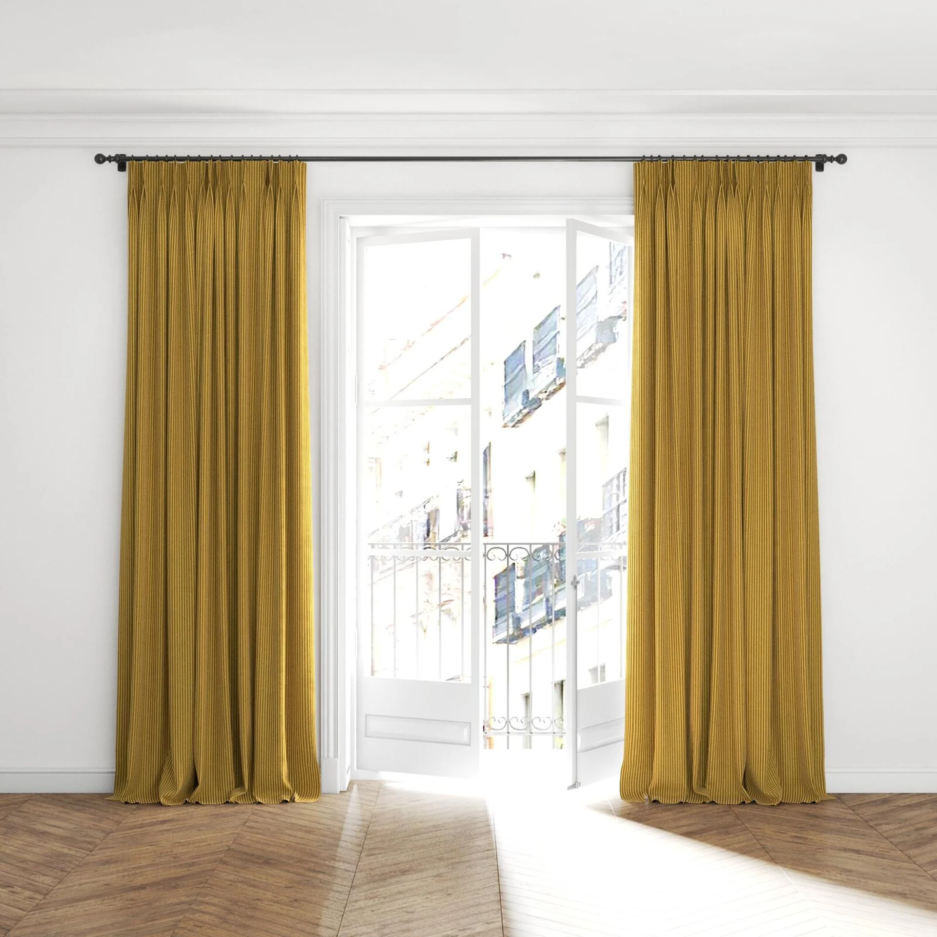 Full view of Embrace Medal, puddled with pinch pleat, on curtain rod