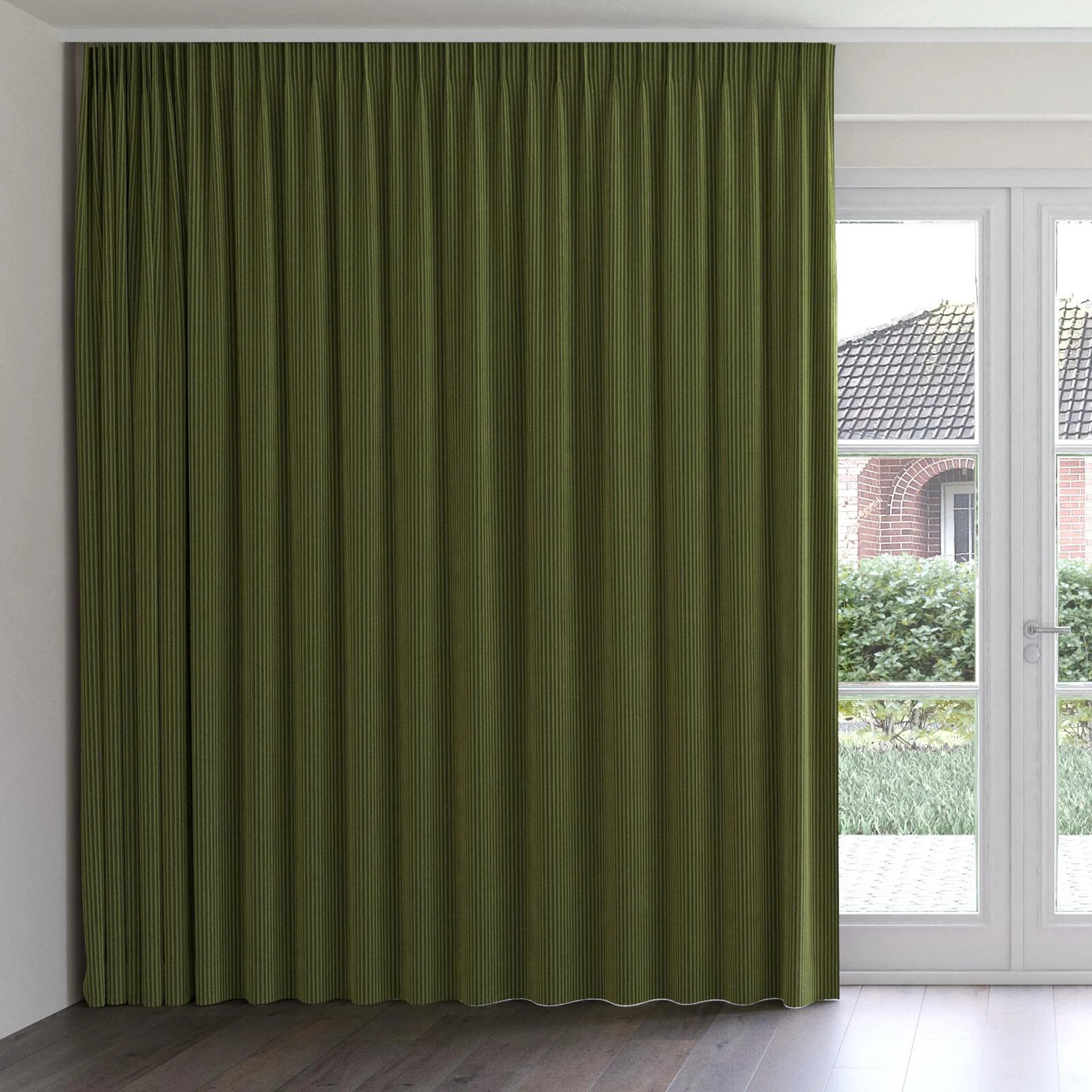 Front view of Embrace Camouflage, on curtain rail