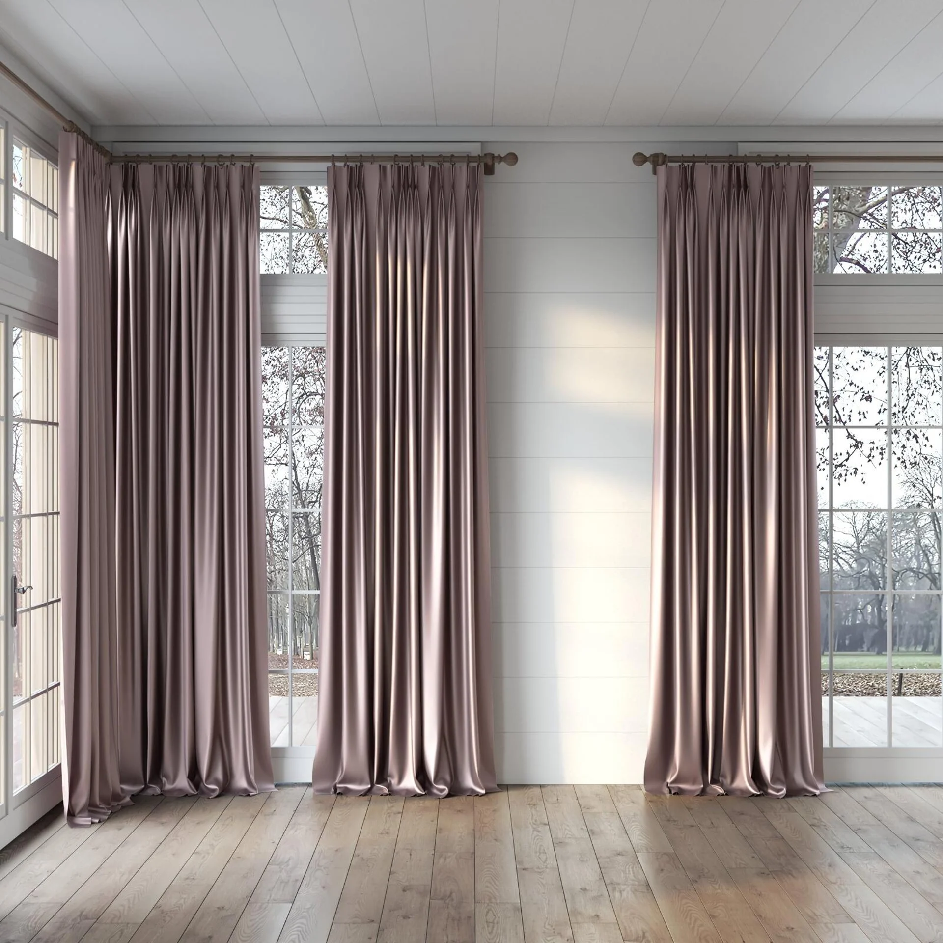 Full view of North Face Lilac, puddled, on curtain rod