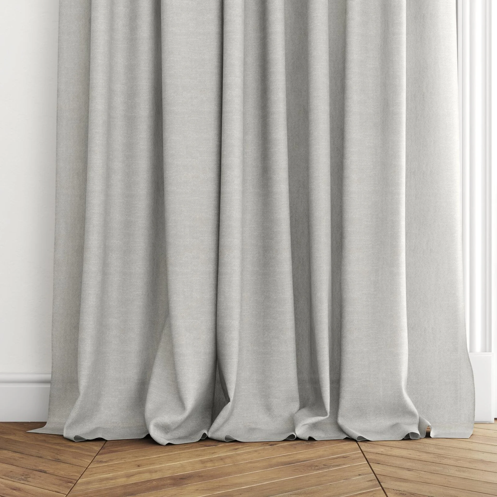 Bottom view of Lucidity Cement, puddled with pinch pleat, on curtain rod