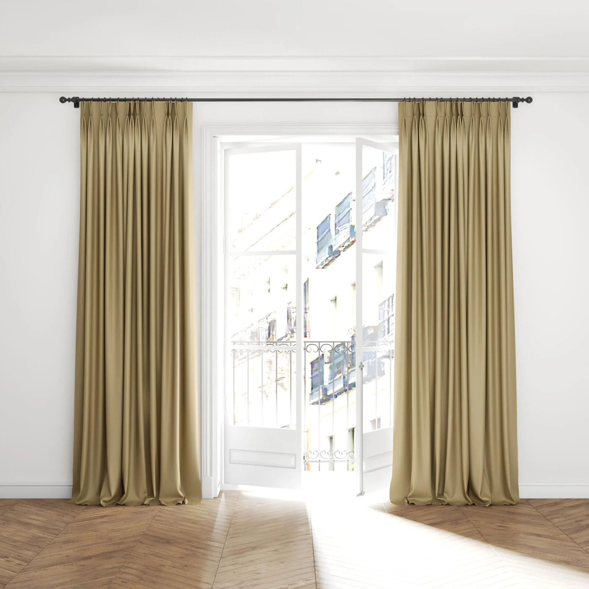 Full view of Naturama Camel, puddled with pinch pleat, on curtain rod