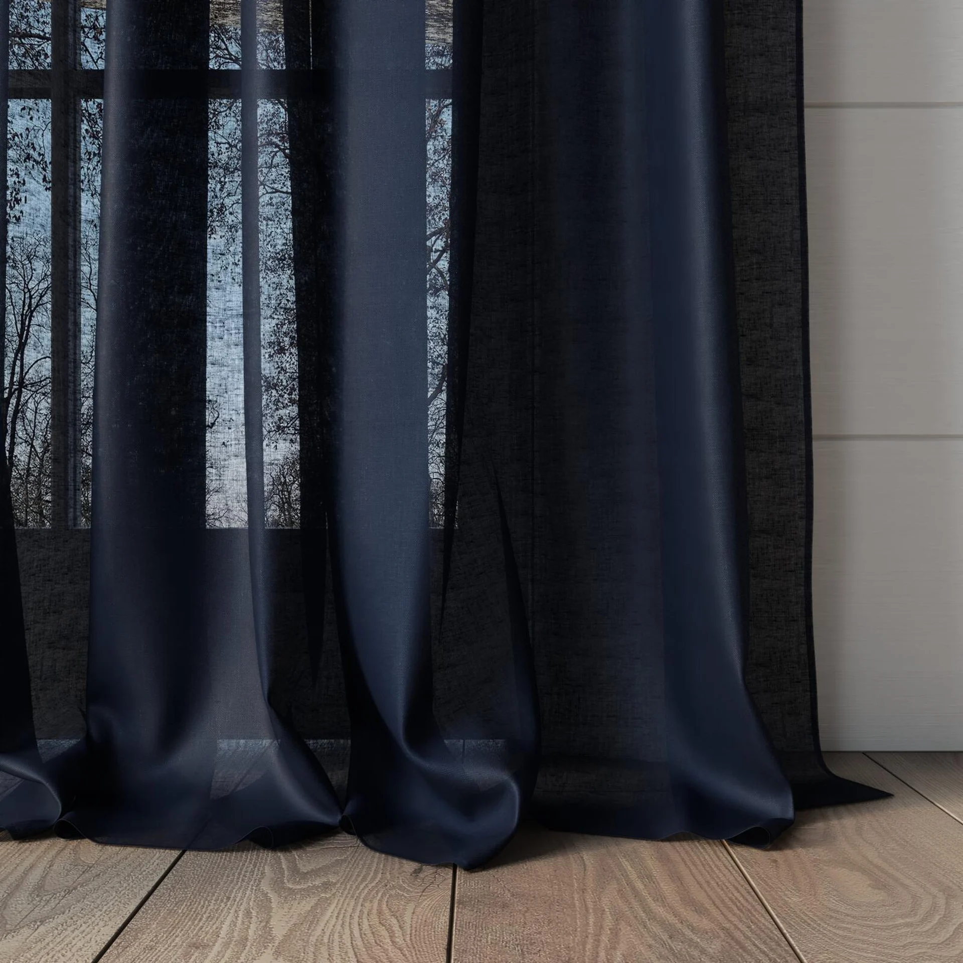Bottom view of Reverie Navy, puddled, on curtain rod