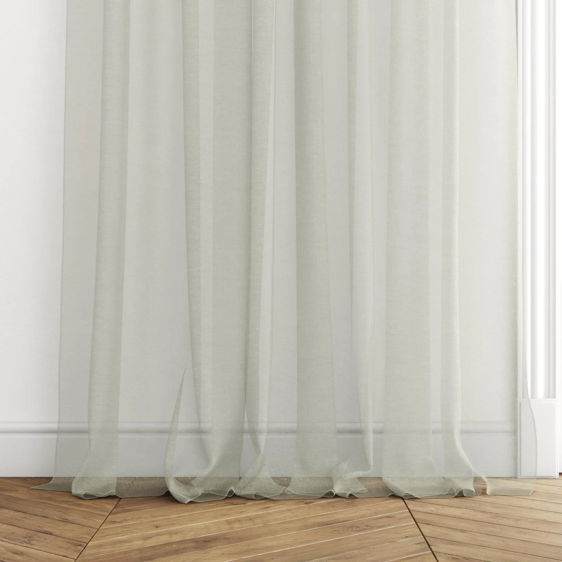 Bottom view of Rhyme Leaf, puddled with pinch pleat, on curtain rod