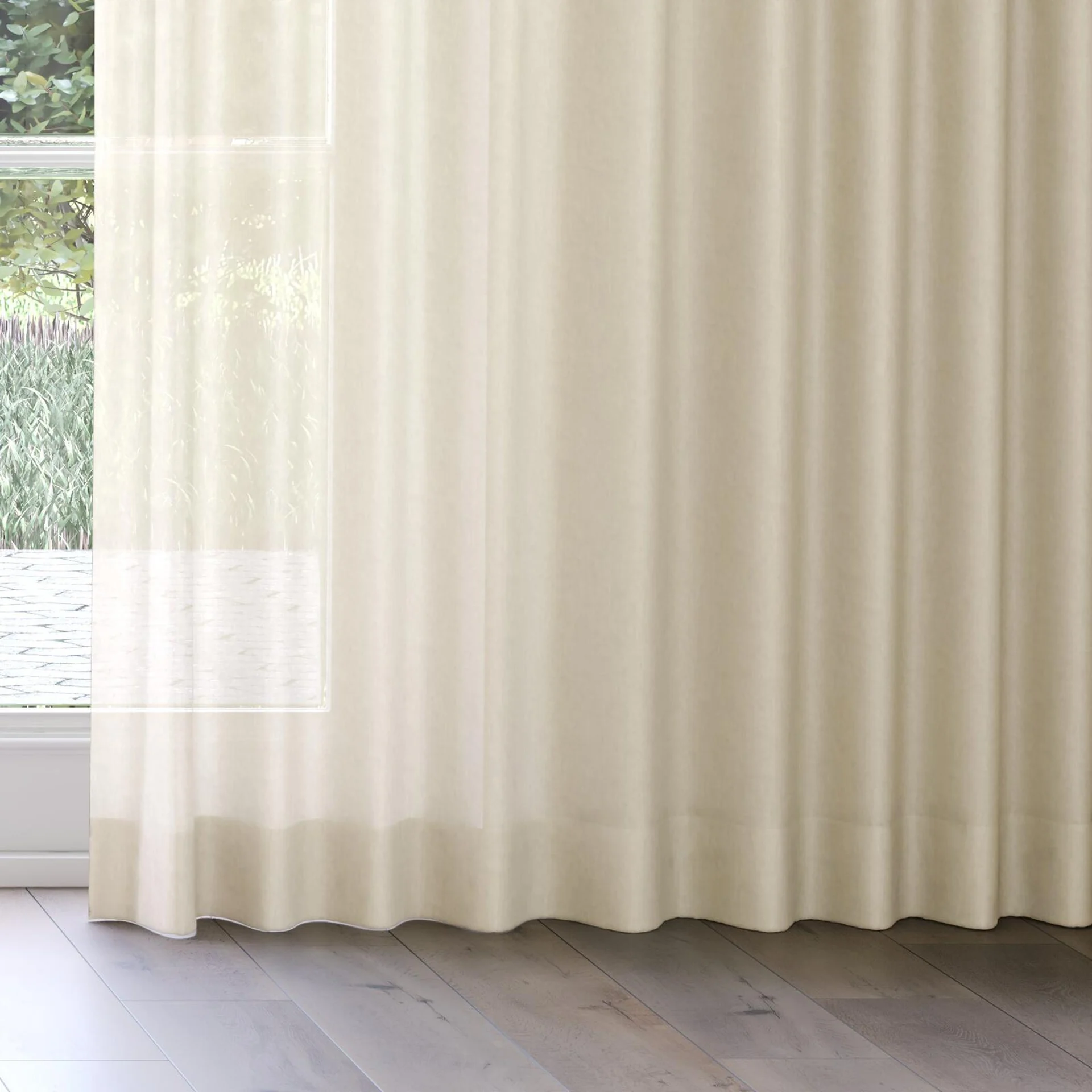 Bottom view of Flo II Marzipan, on curtain rail