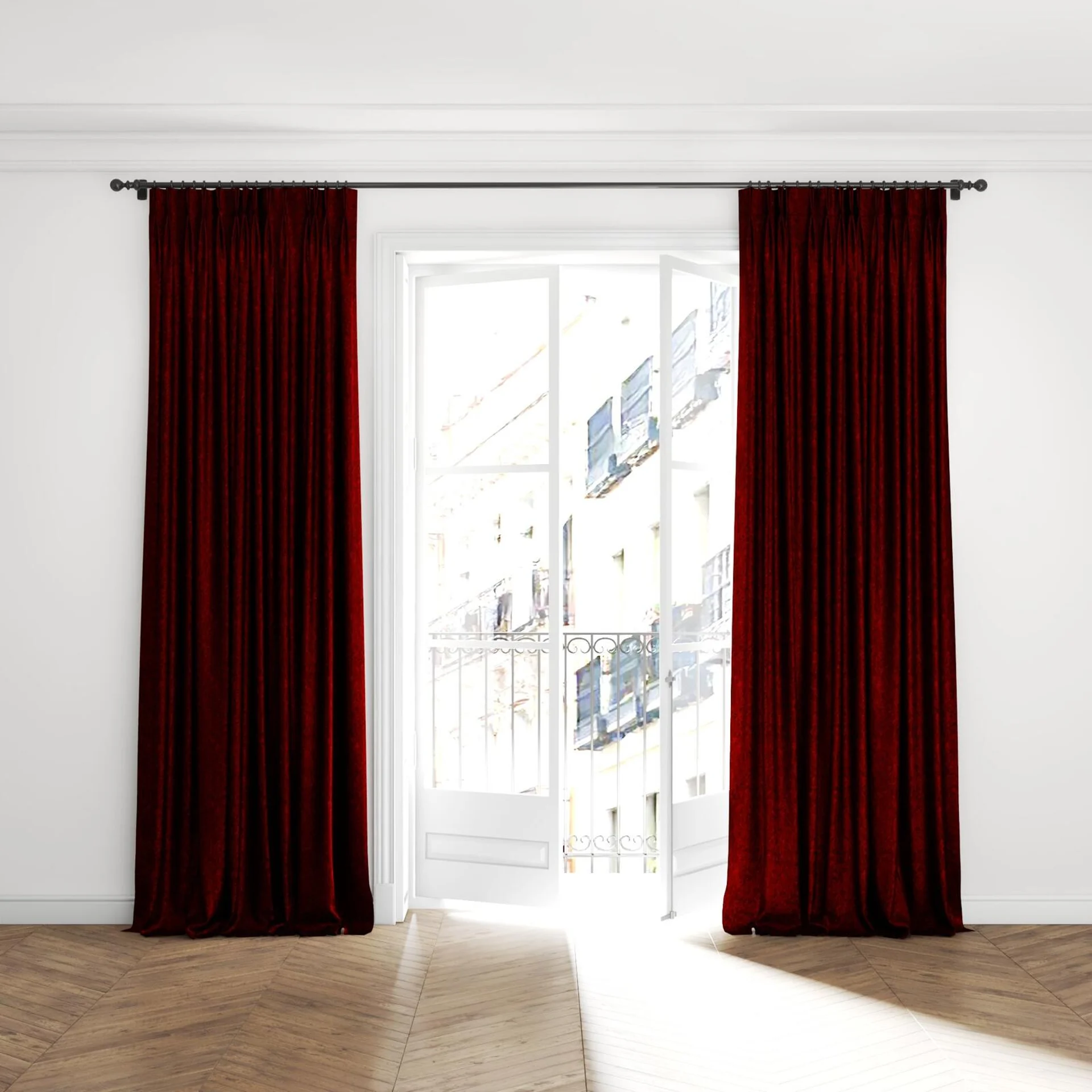 Full view of Opera Berry, puddled with pinch pleat, on curtain rod