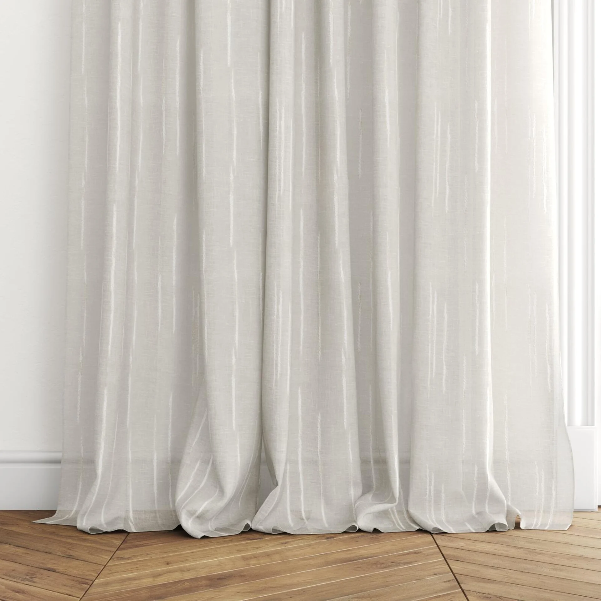 Bottom view of Tidal Linen, puddled with pinch pleat, on curtain rod