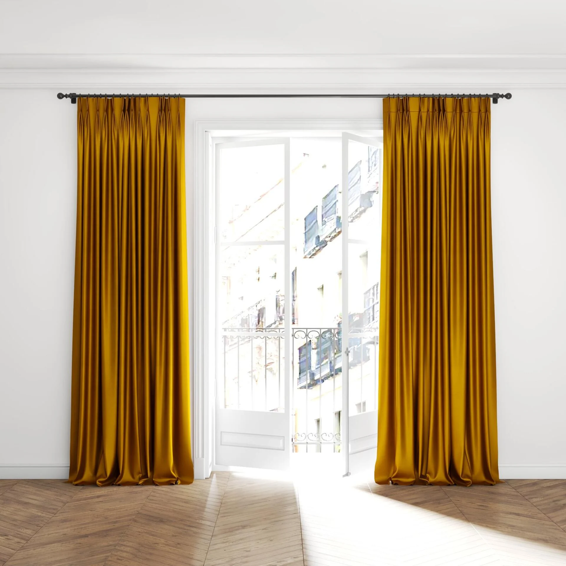 Full view of Mont Blanc Imperial, puddled with pinch pleat, on curtain rod
