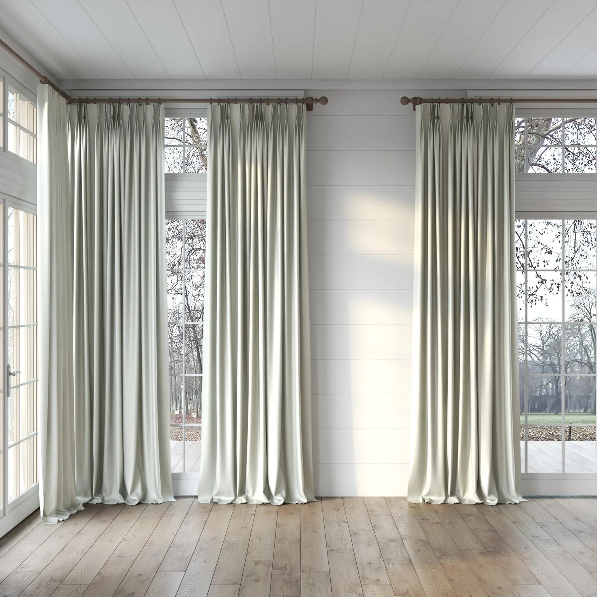 Full view of Stallion 2 Blackout Dew, puddled, on curtain rod