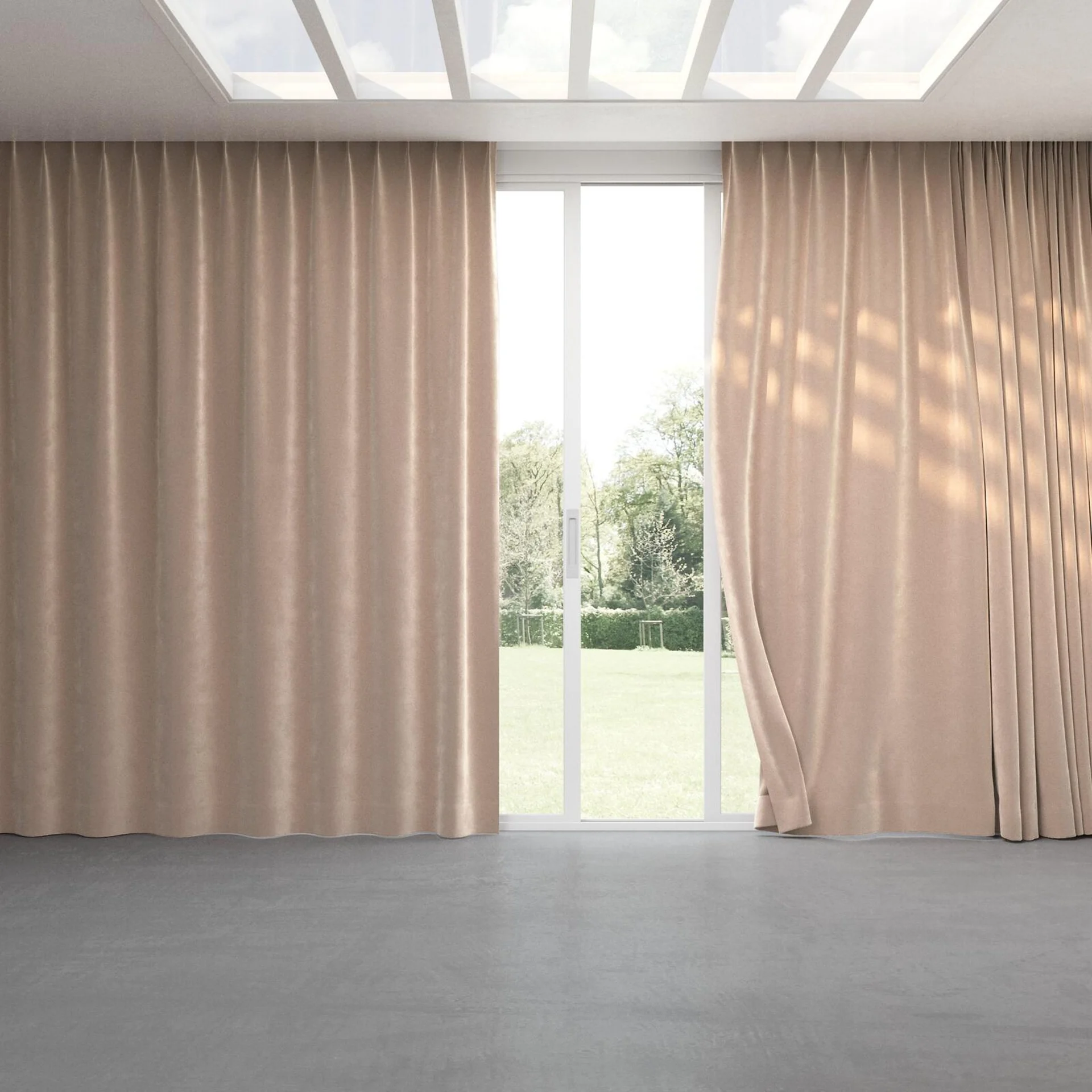 Full view of Velvelux Lotus, pinch pleat