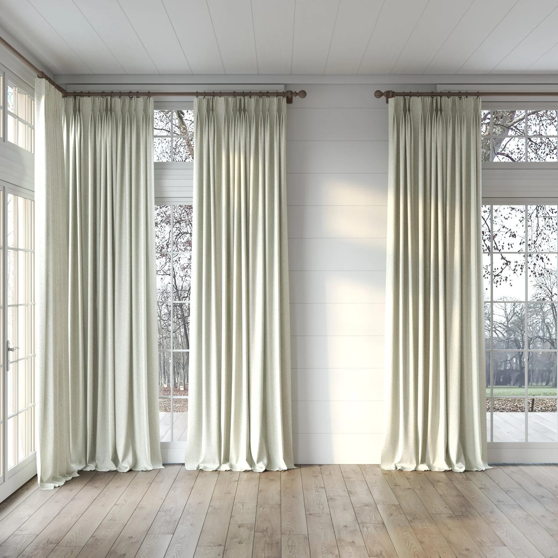 Full view of Sabik Flax, puddled, on curtain rod