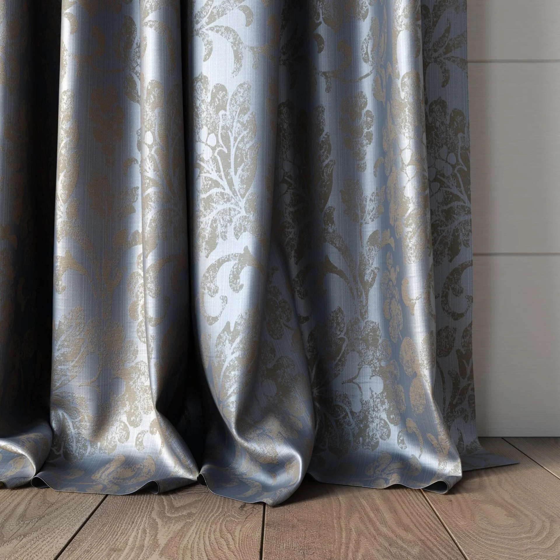 Bottom view of Florentine Ocean, puddled, on curtain rod