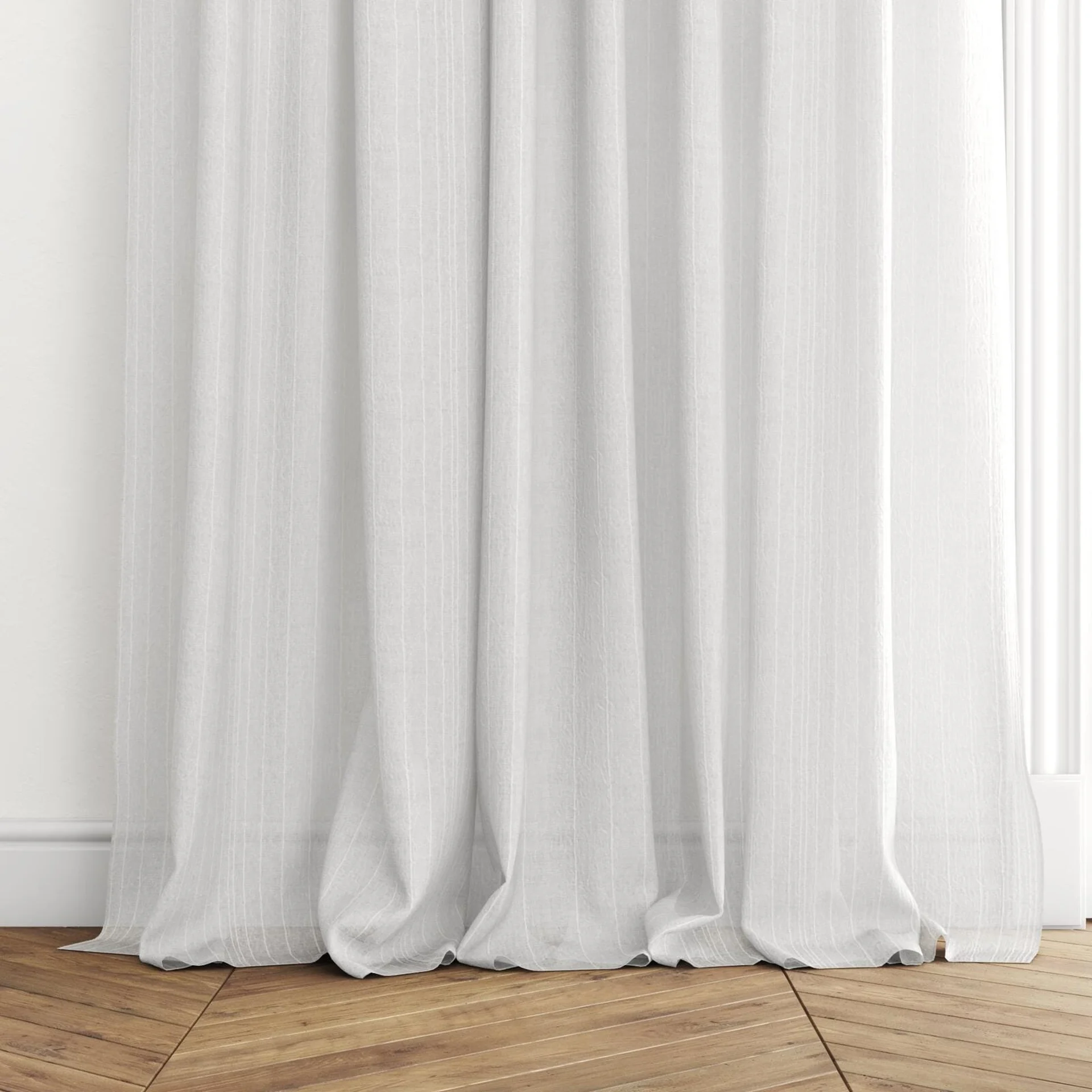 Bottom view of Mira Pristine, puddled with pinch pleat, on curtain rod