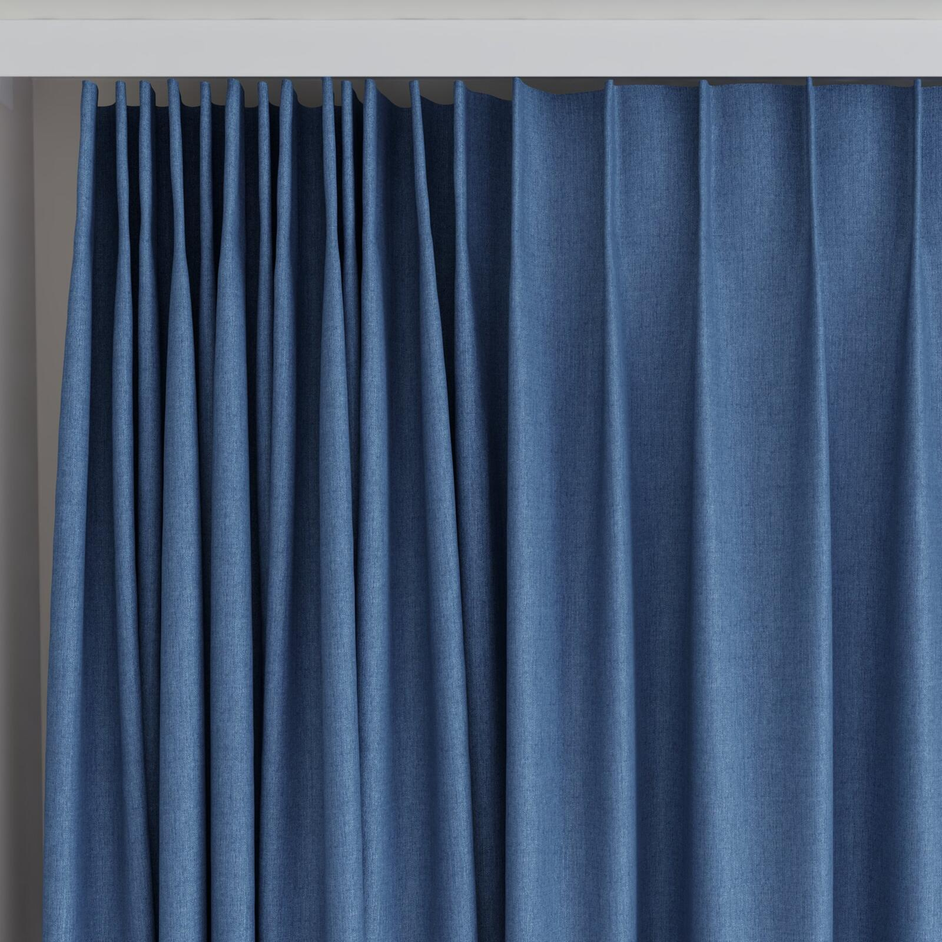 Top view of Cushy Denim, on curtain rail