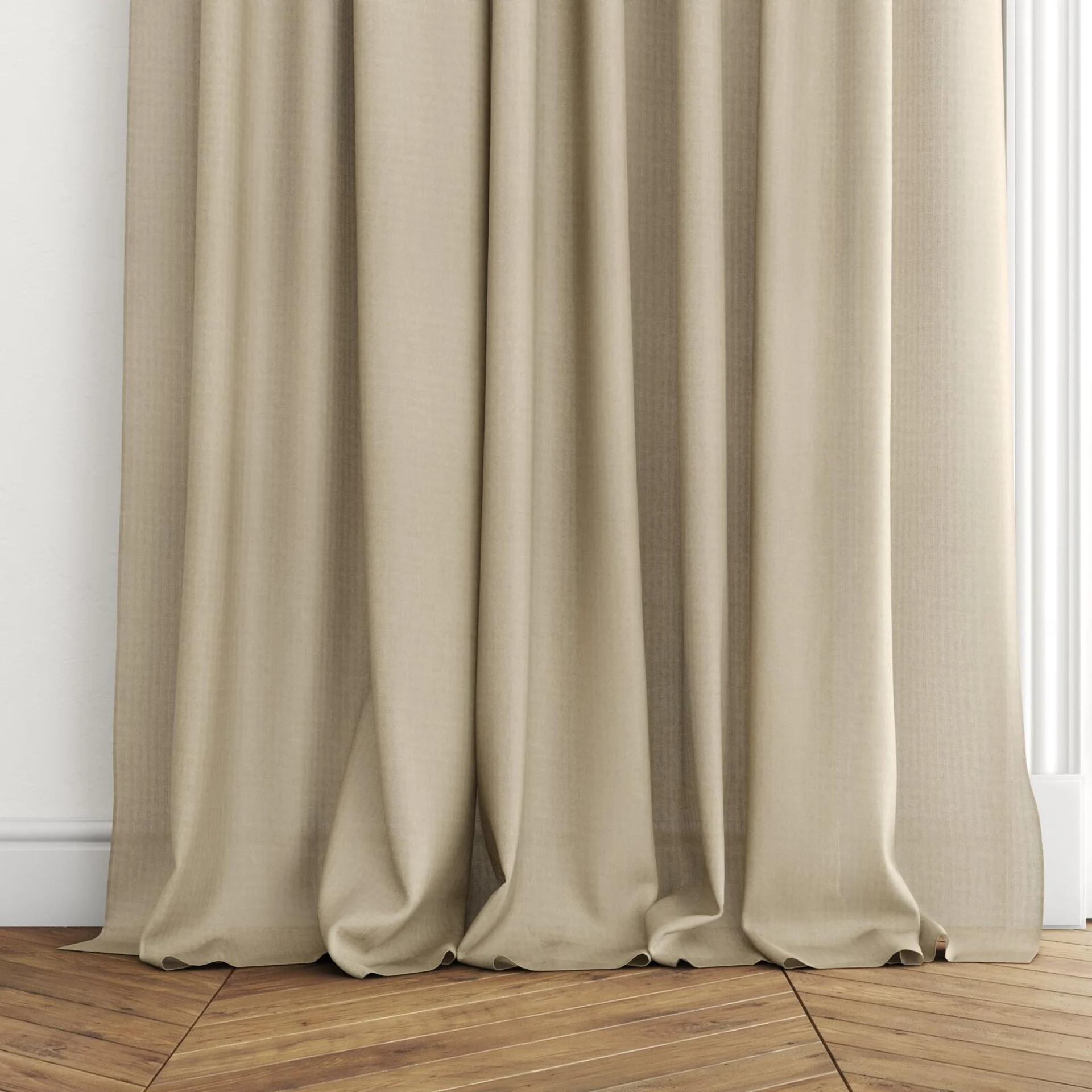 Bottom view of Crystal Taupe, puddled with pinch pleat, on curtain rod