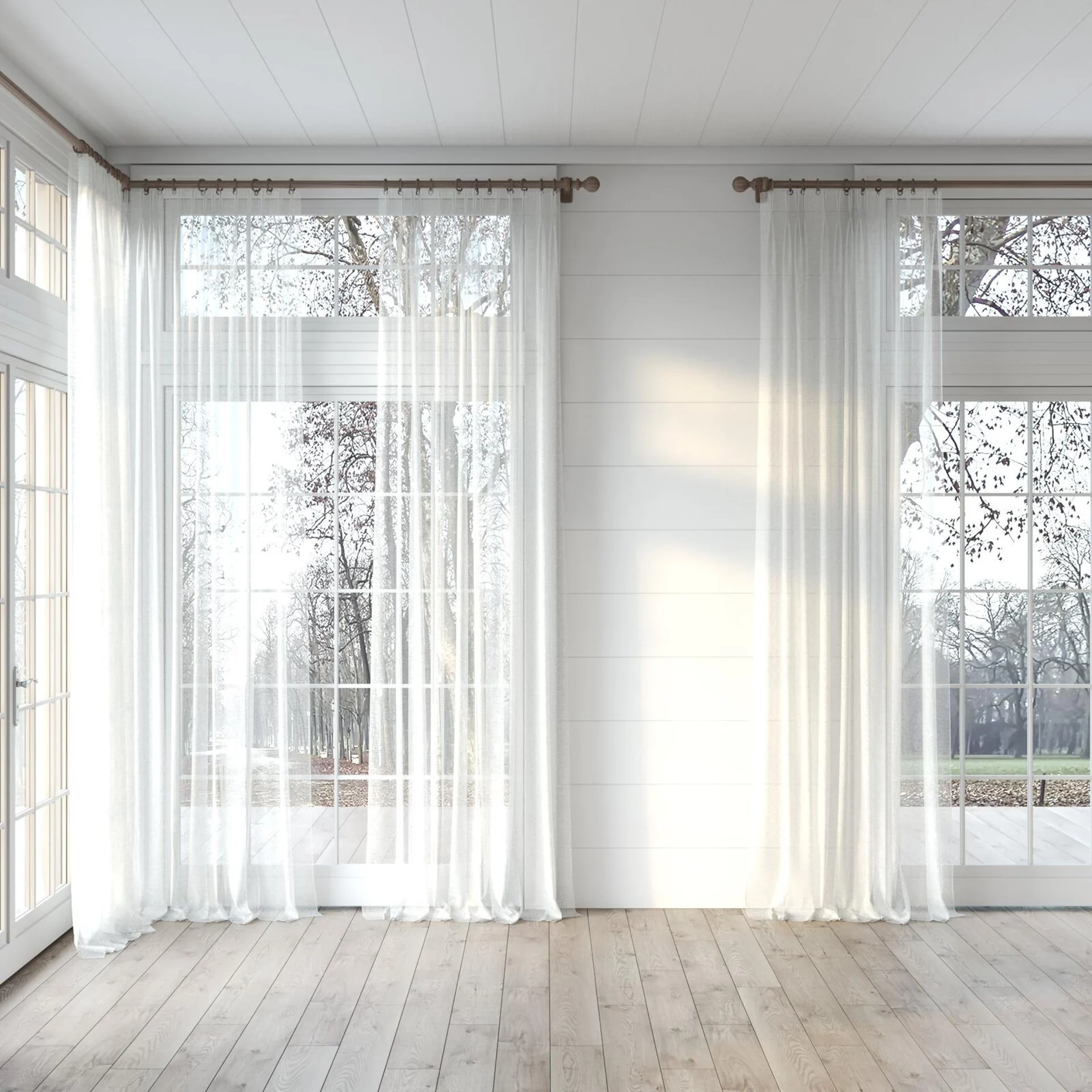 Full view of Pure Linen Cream, puddled, on curtain rod
