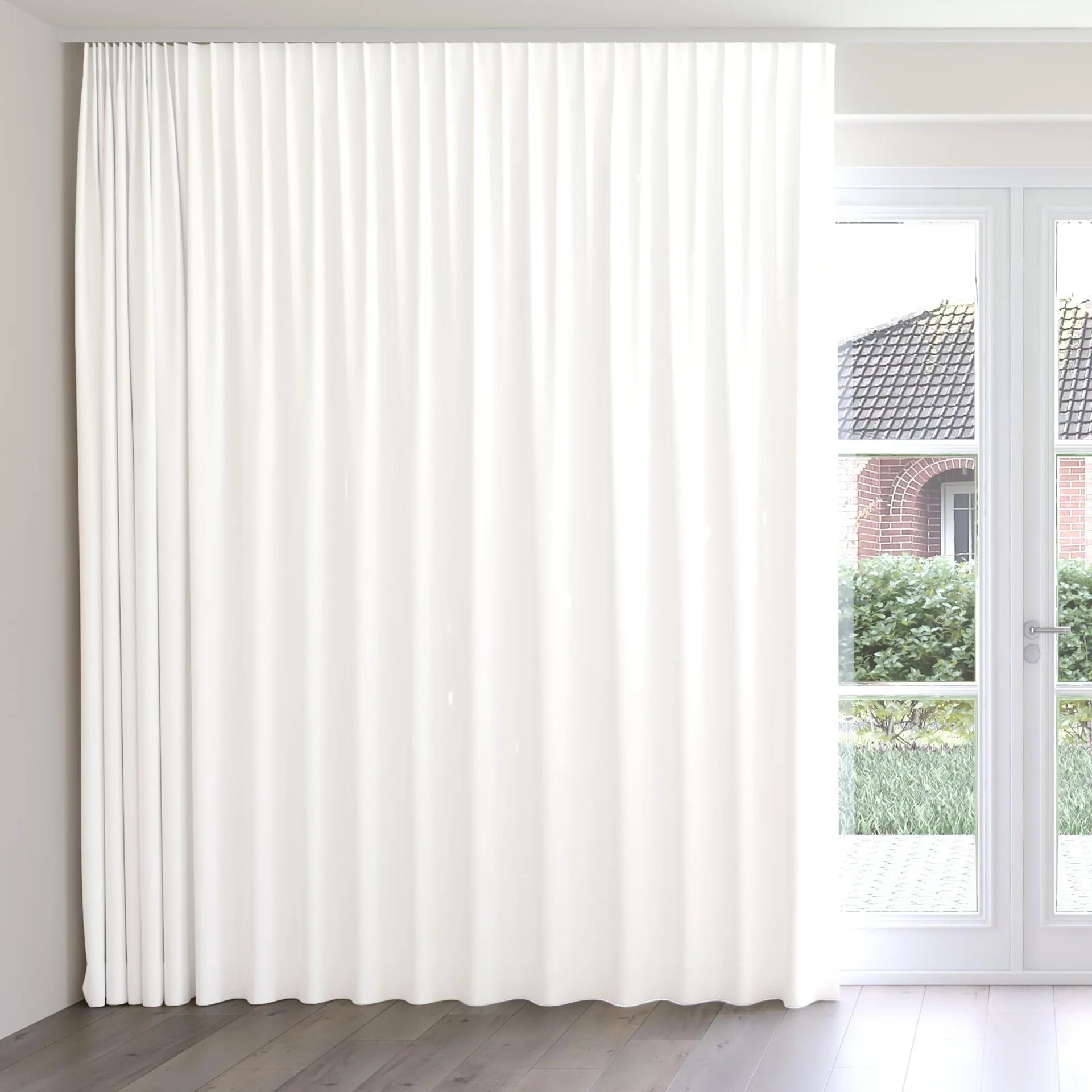 Front view of Brugge Wool, on curtain rail