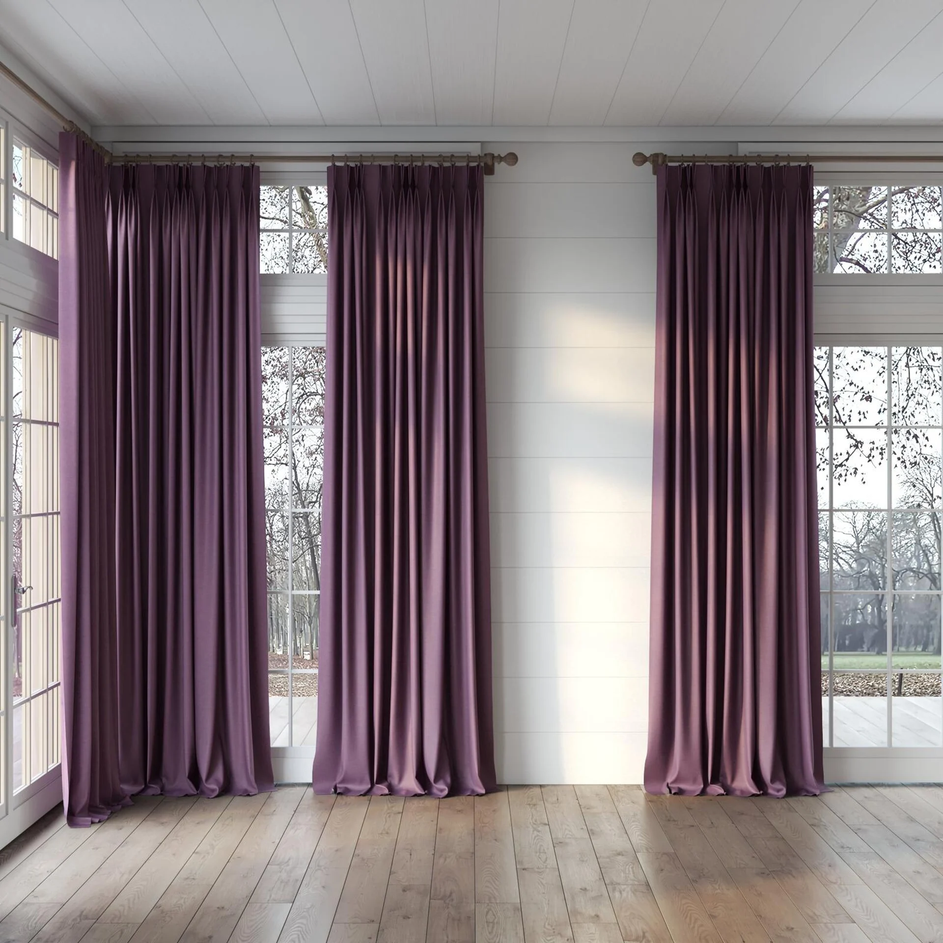 Full view of Bravo Amethyst, puddled, on curtain rod