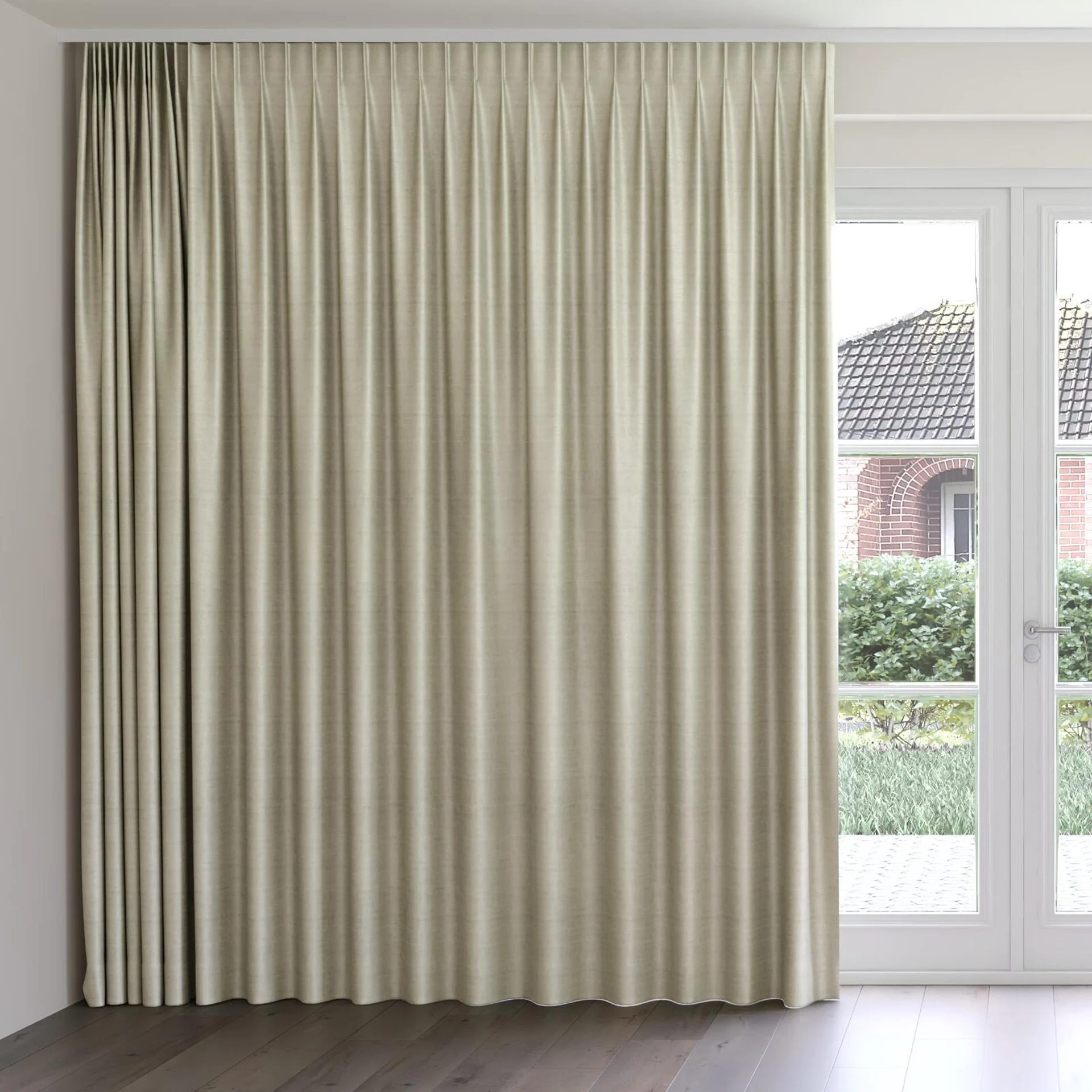 Front view of Zircon Asparagus, on curtain rail