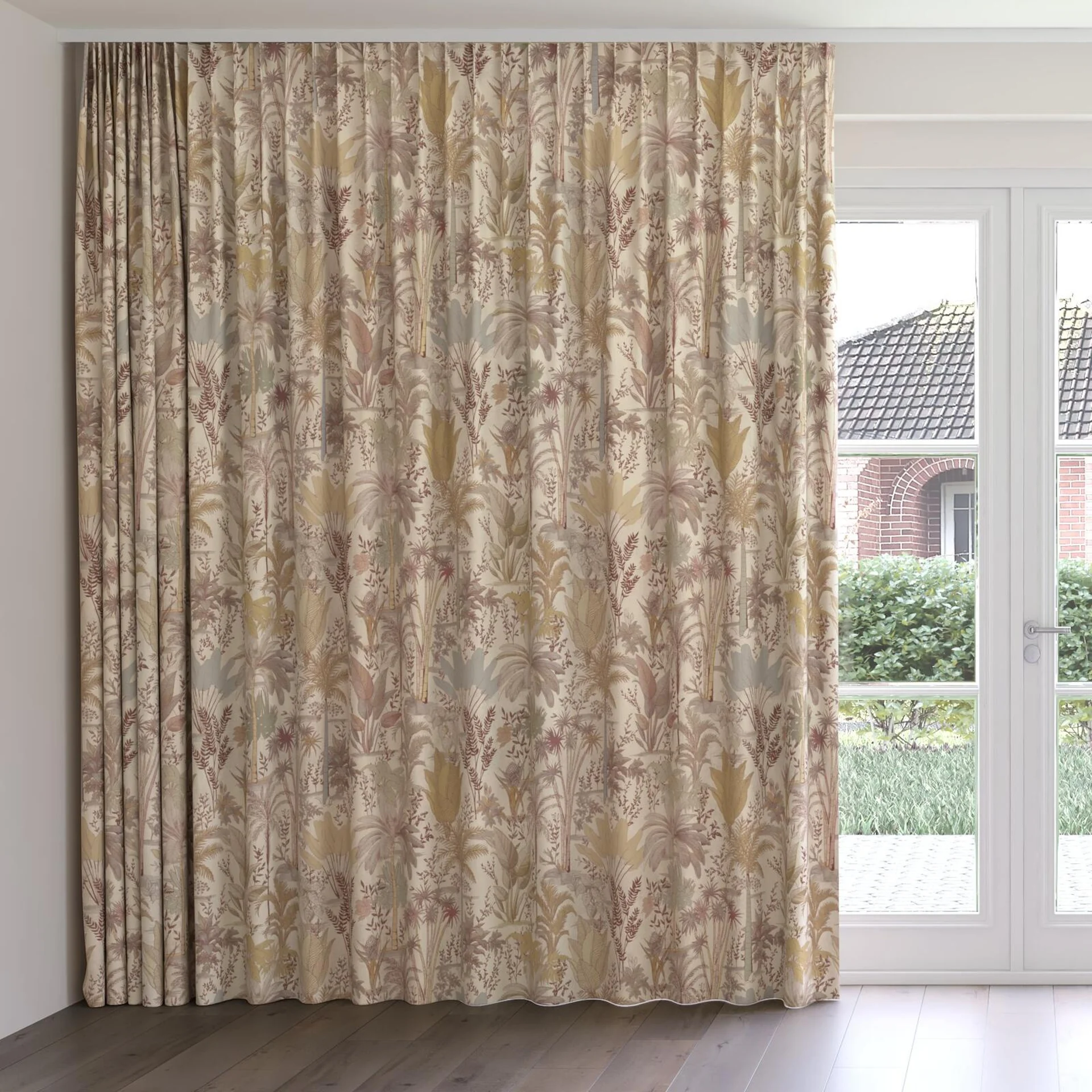 Front view of Paloma Calico, on curtain rail