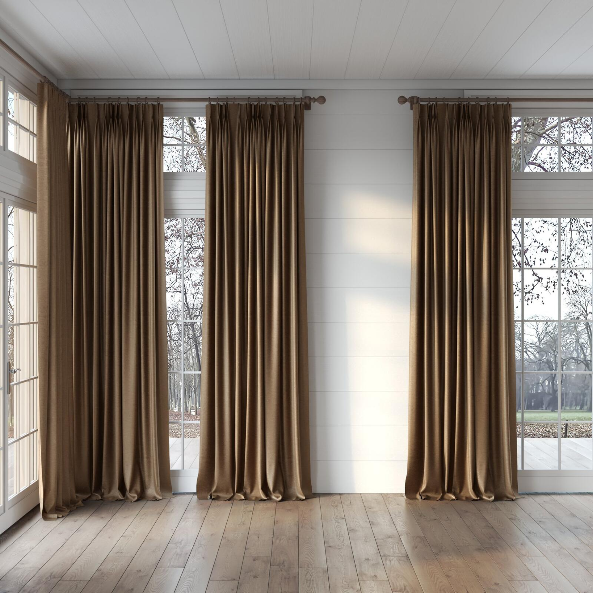 Full view of Lambada Cinder, puddled, on curtain rod
