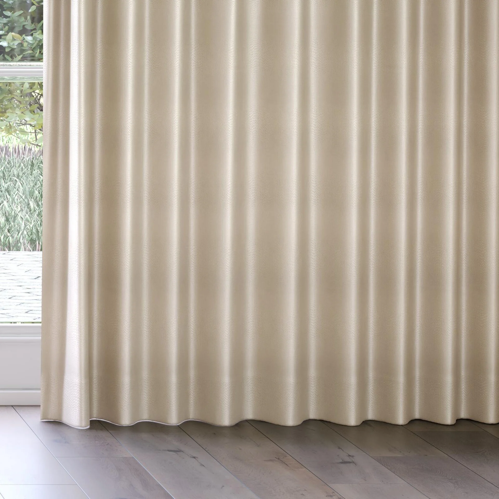 Bottom view of Glint Beige, on curtain rail