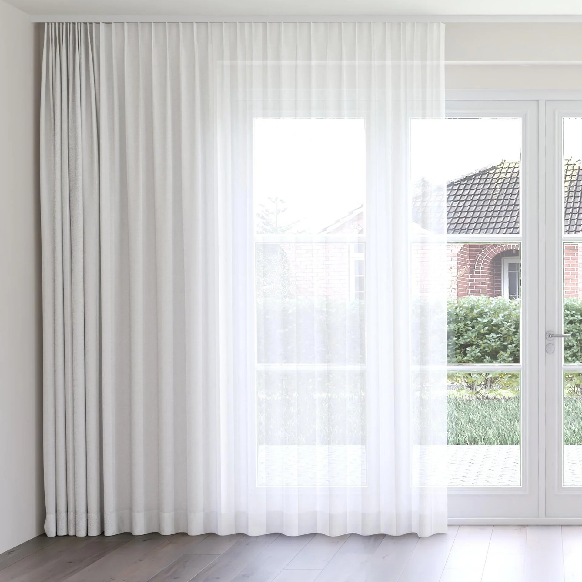 Front view of Kyoto Stripe Feather, on curtain rail