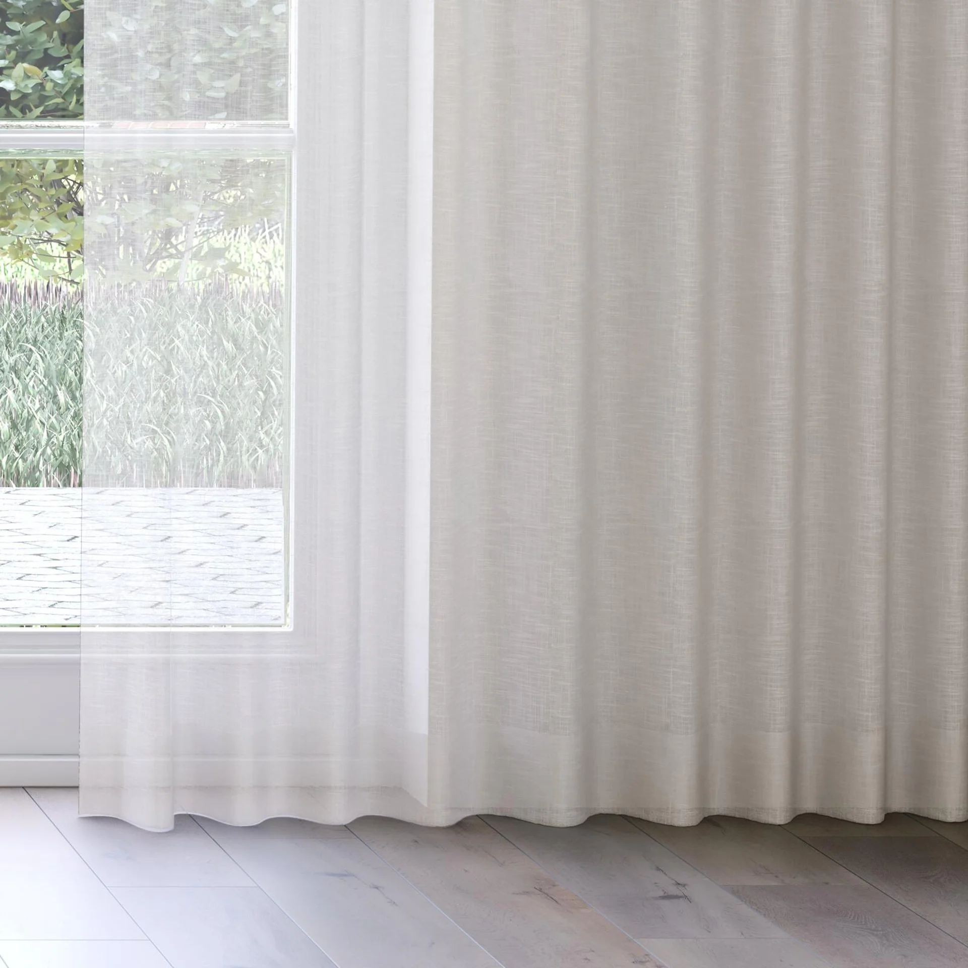 Bottom view of Kumo Recycled Parchment, on curtain rail