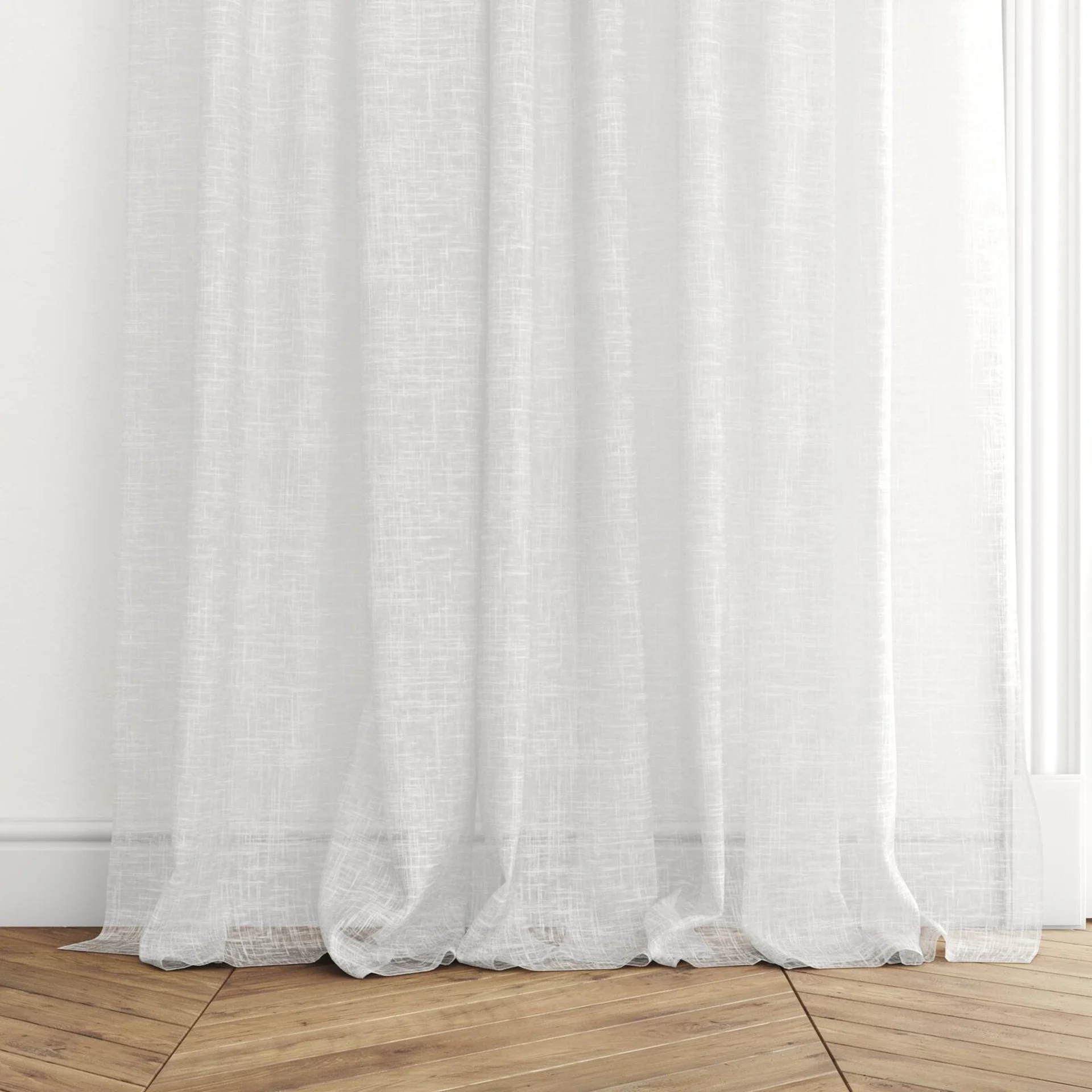Bottom view of Beech Pearl, puddled with pinch pleat, on curtain rod