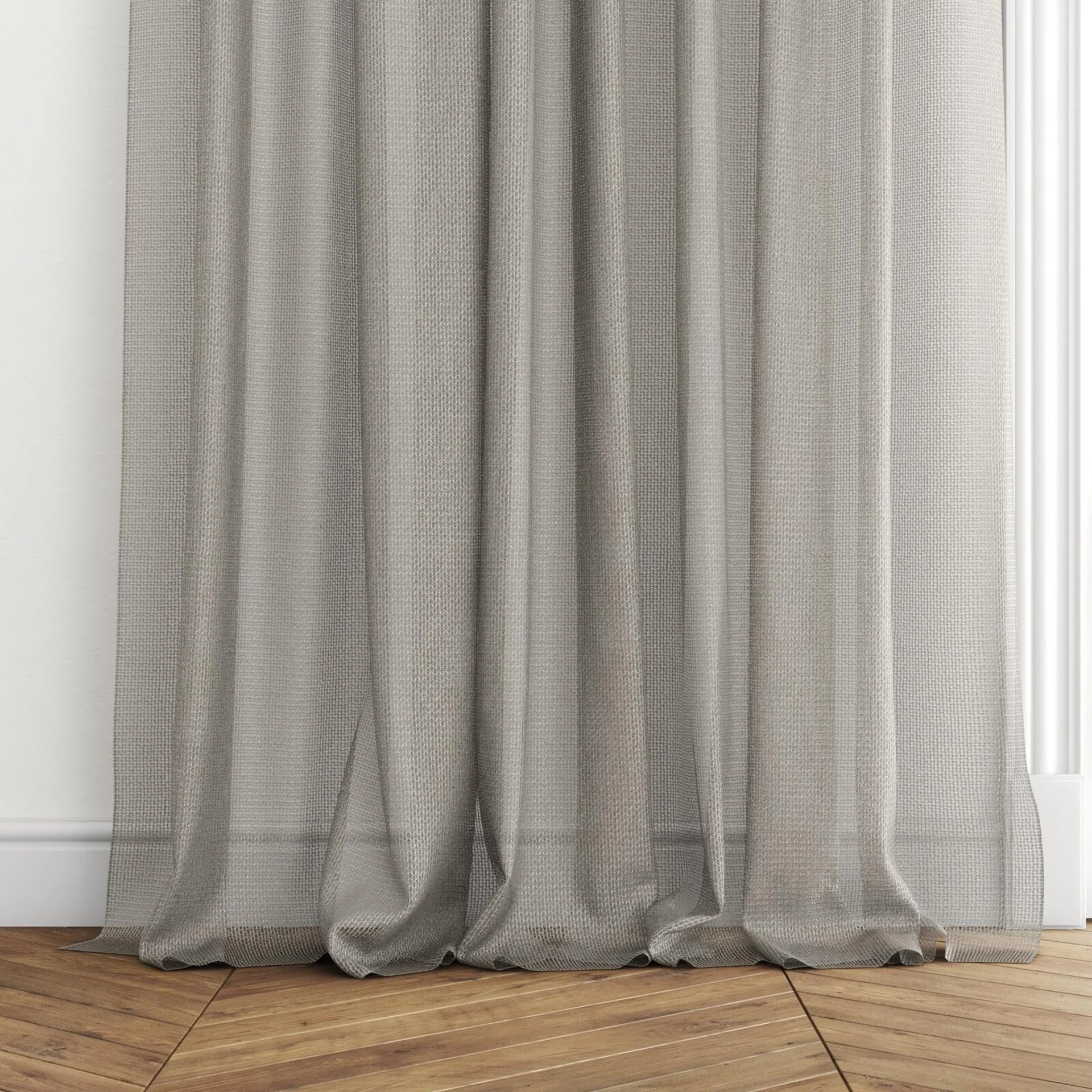 Bottom view of Cosmos Shadow, puddled with pinch pleat, on curtain rod