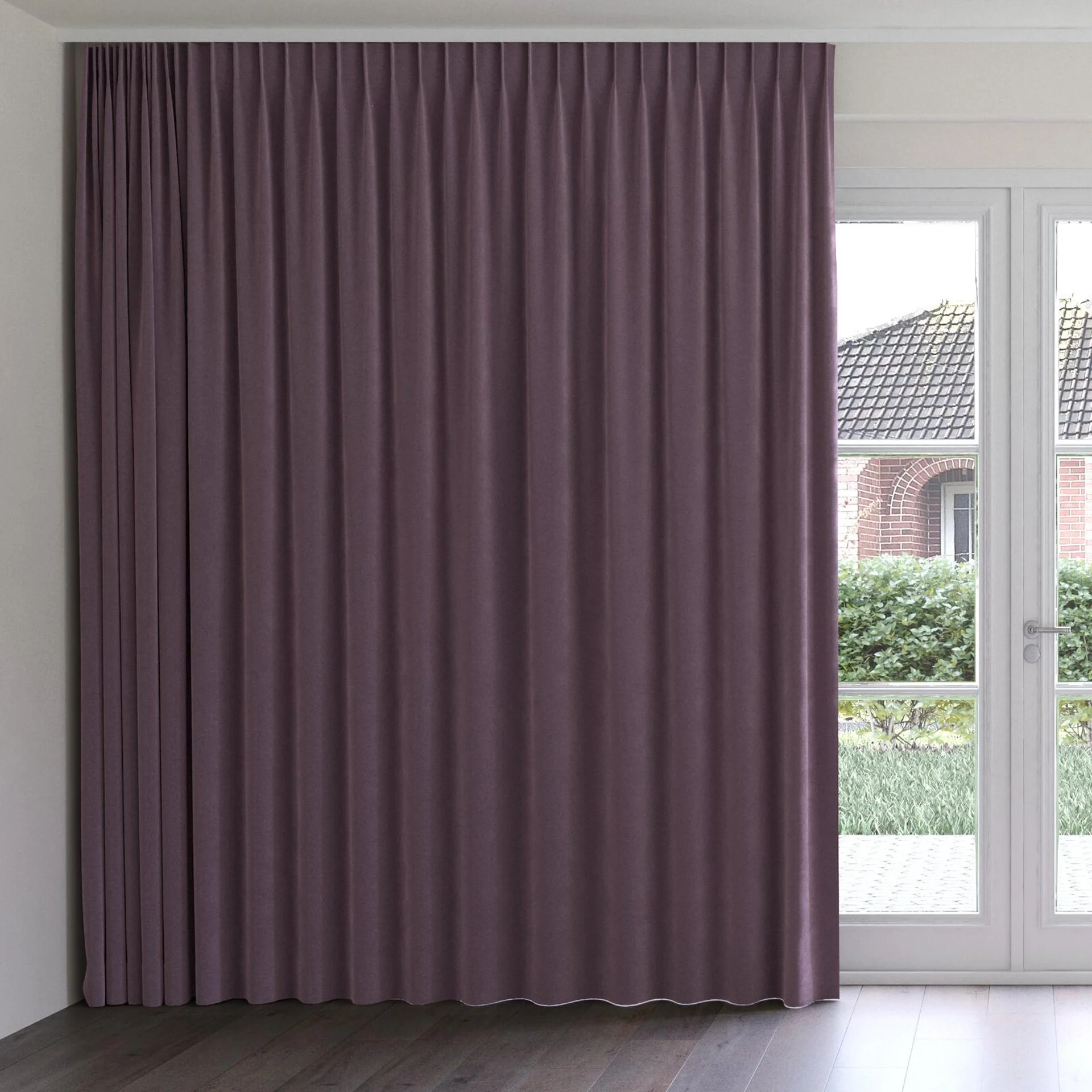 Front view of Verbier Plum, on curtain rail