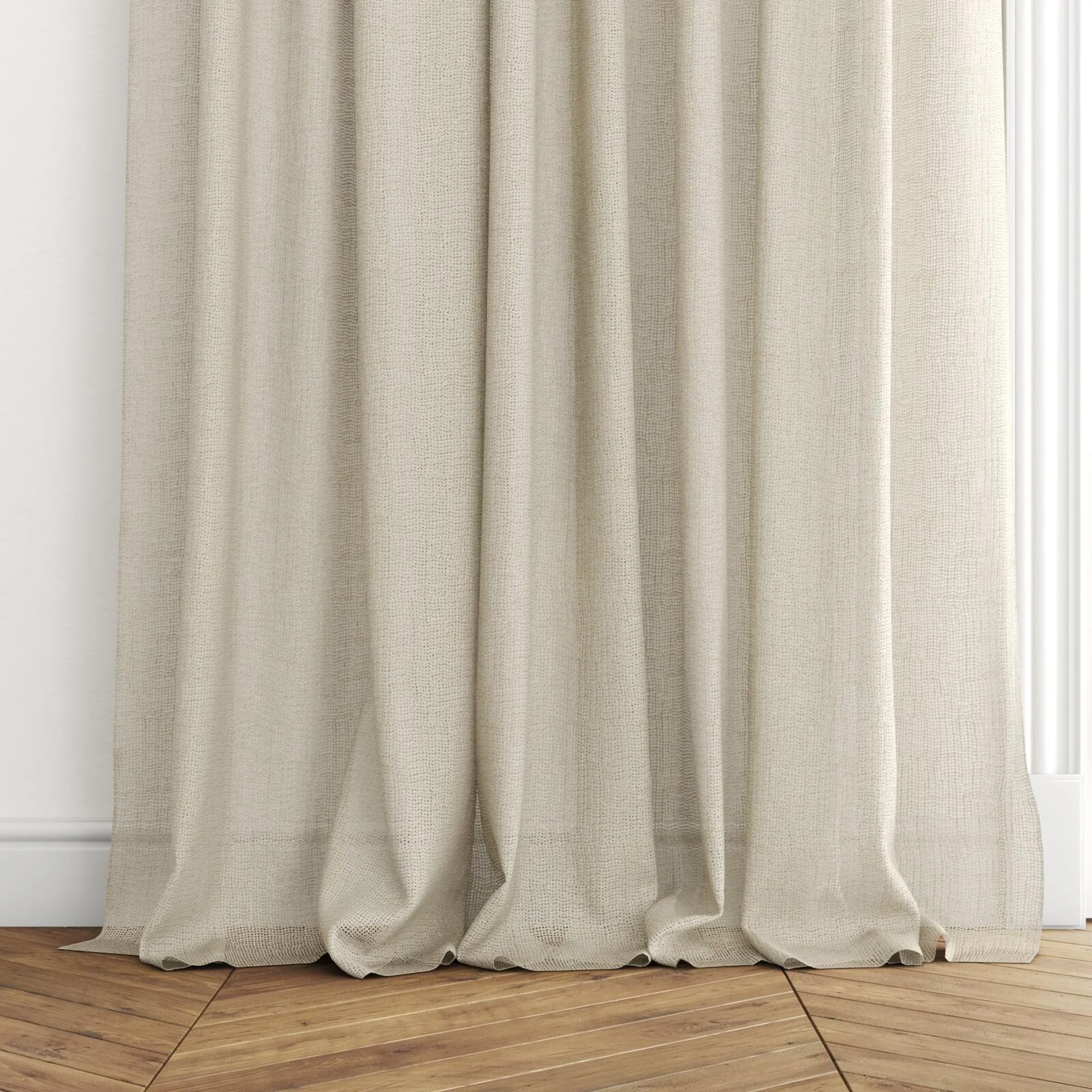 Bottom view of O'Keeffe Clay, puddled with pinch pleat, on curtain rod