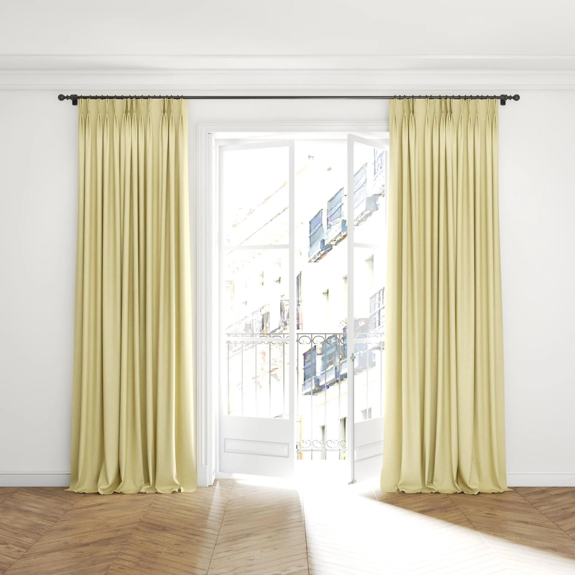 Full view of Hometown Sun, puddled with pinch pleat, on curtain rod