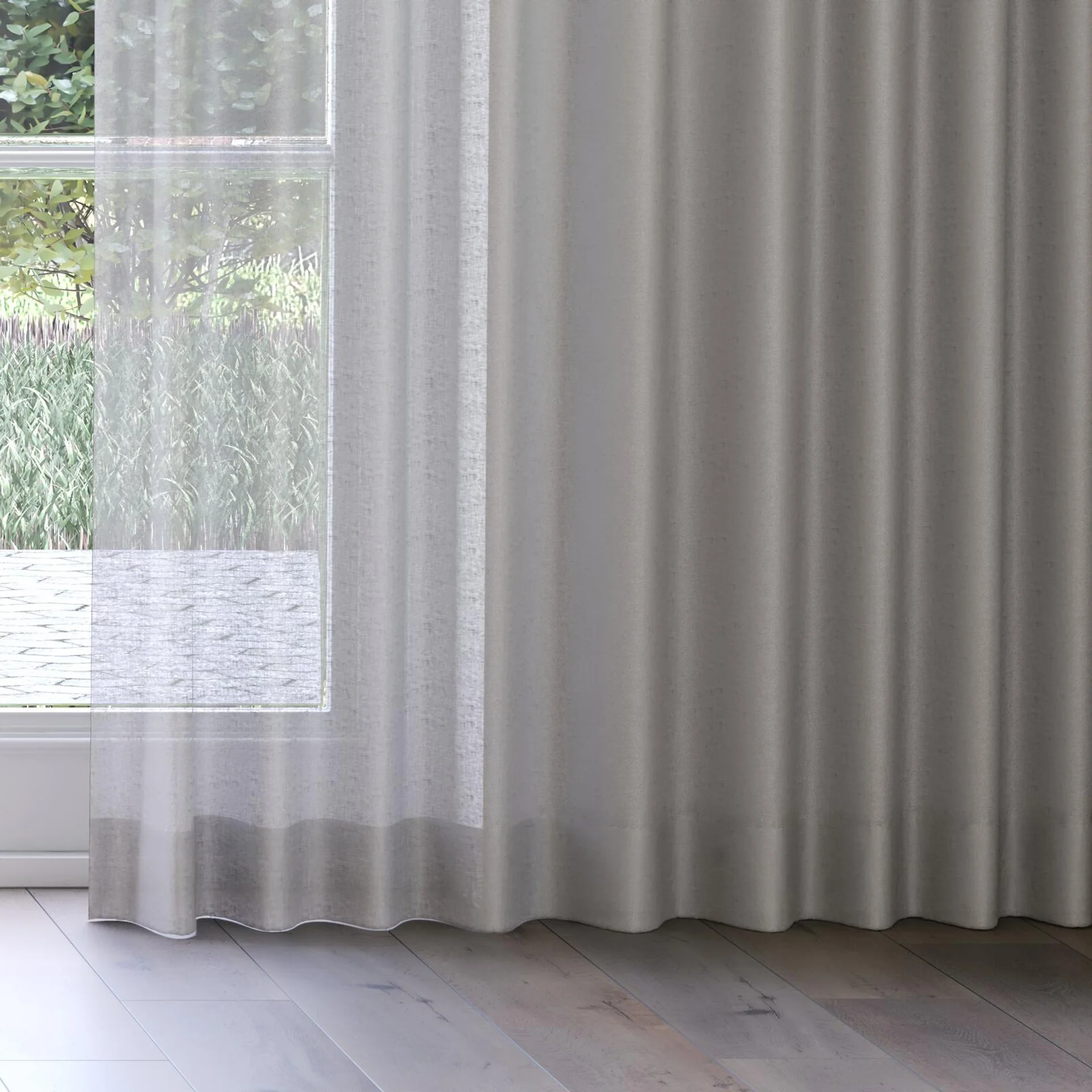 Bottom view of Kanso Stonewash Sable, on curtain rail