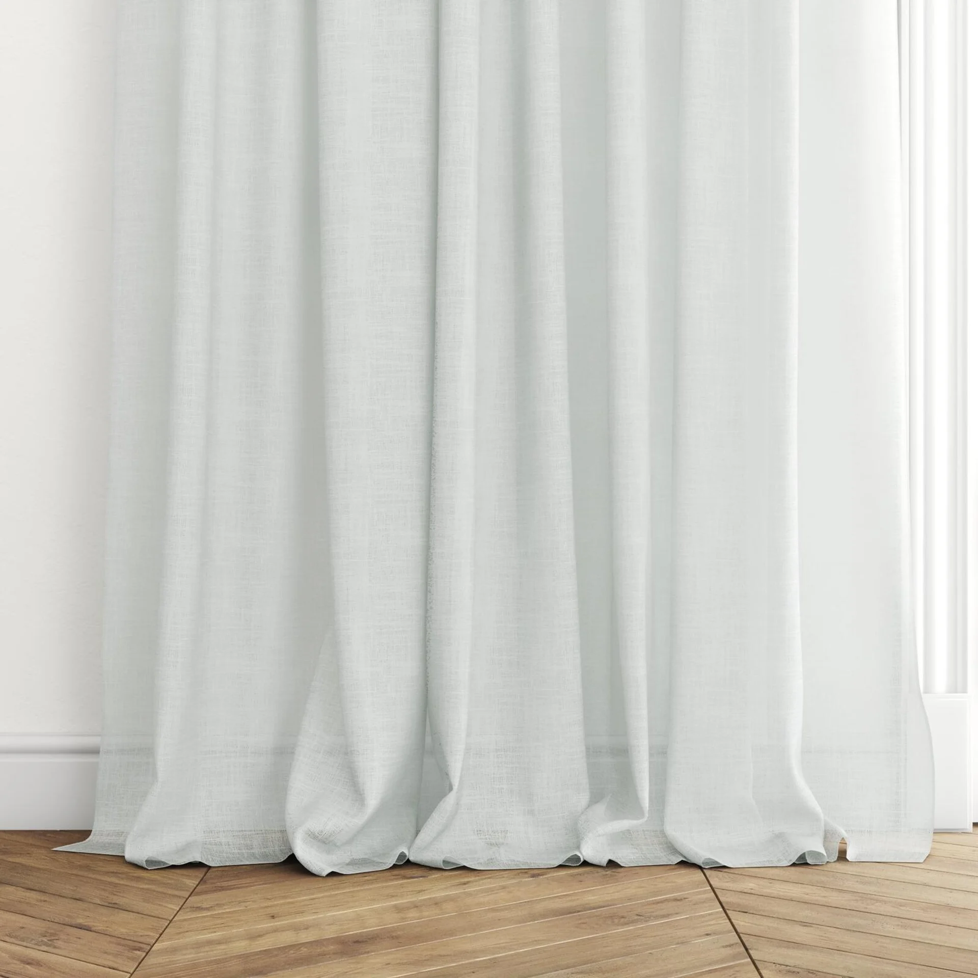 Bottom view of Verdant Wool, puddled with pinch pleat, on curtain rod